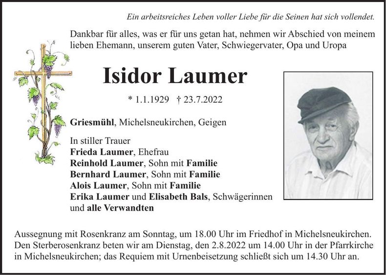 Traueranzeige Isidor Laumer