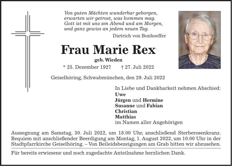 Traueranzeige Marie Rex