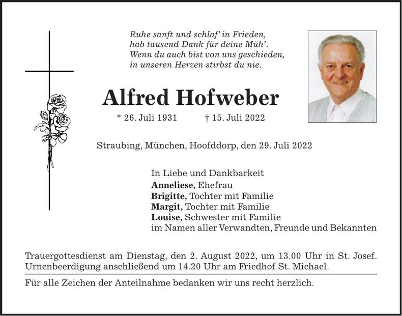 Traueranzeige Alfred Hofweber
