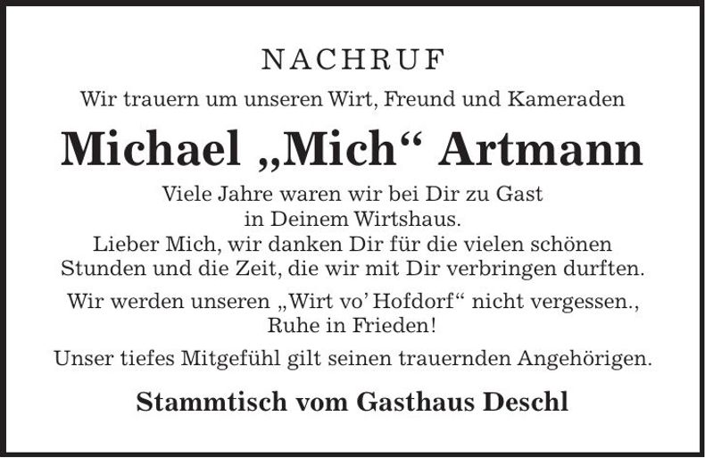 Traueranzeige Michael Artmann