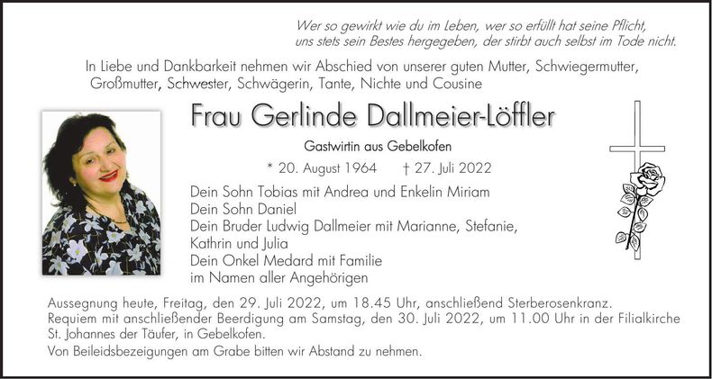 Traueranzeige Gerlinde Dallmeier-Löffler