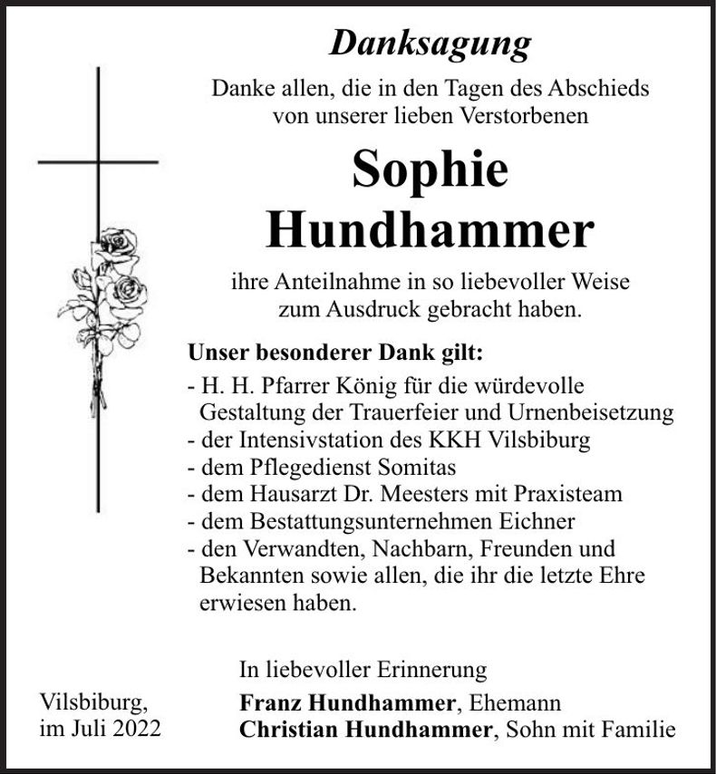 Traueranzeige Sophie Hundhammer