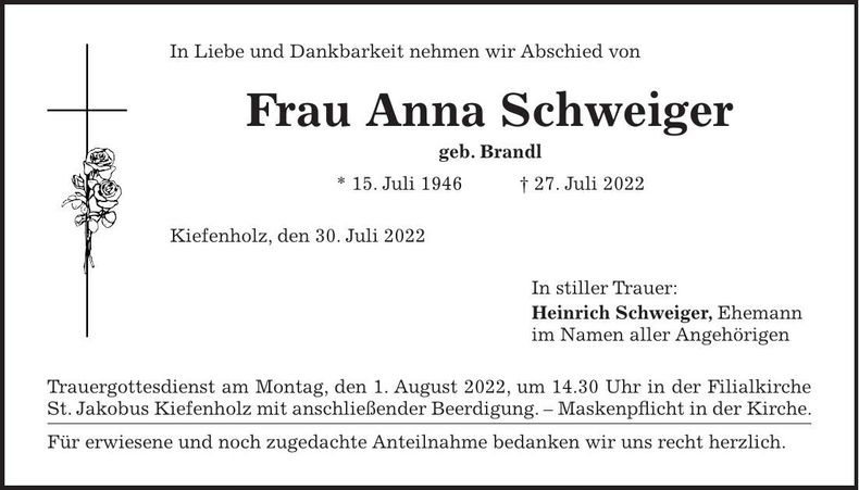 Traueranzeige Anna Schweiger