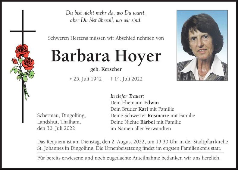 Traueranzeige Barbara Hoyer