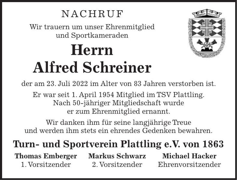 Traueranzeige Alfred Schreiner