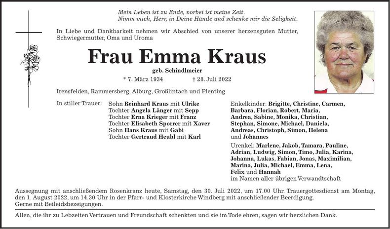 Traueranzeige Emma Kraus