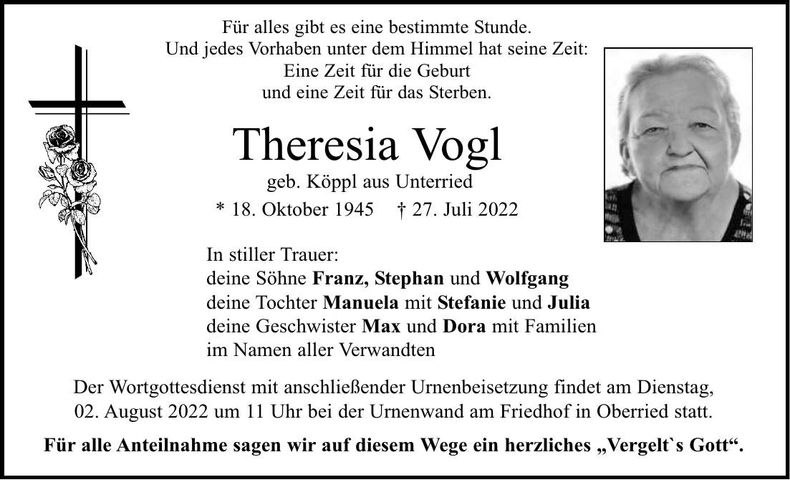 Traueranzeige Theresia Vogl