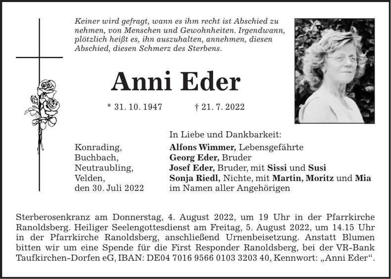 Traueranzeige Anni Eder