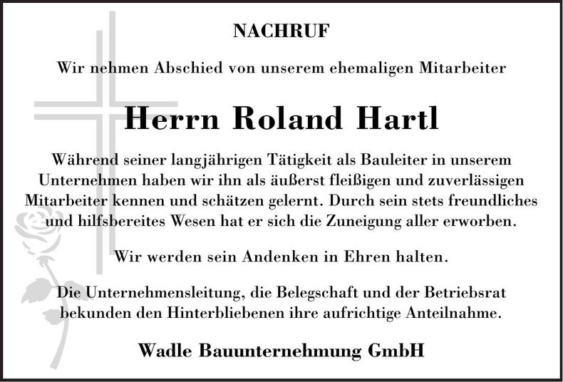 Traueranzeige Roland Hartl
