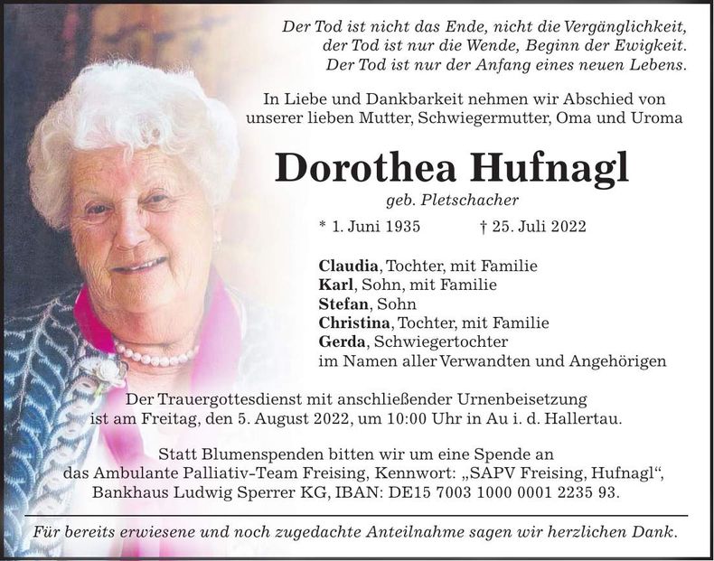 Traueranzeige Dorothea Hufnagl