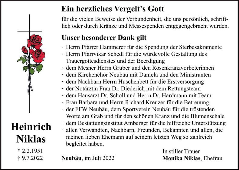 Traueranzeige Heinrich Niklas