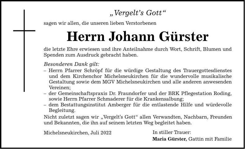 Traueranzeige Johann Gürster