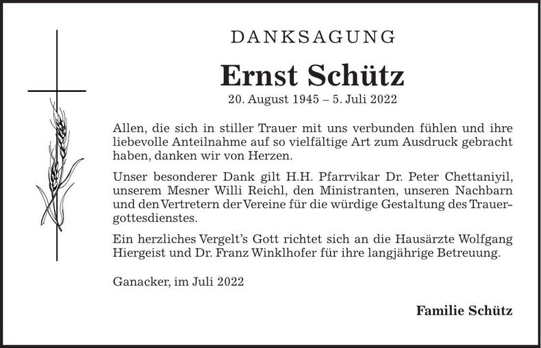 Traueranzeige Ernst Schütz