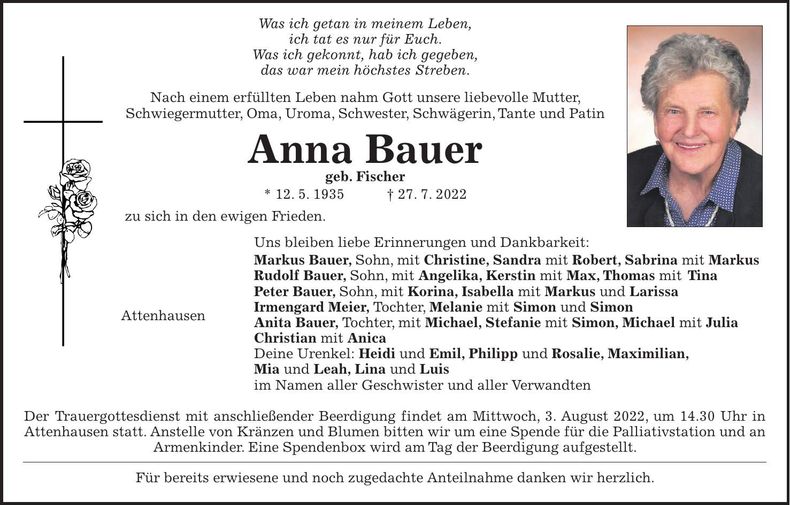 Traueranzeige Anna Bauer