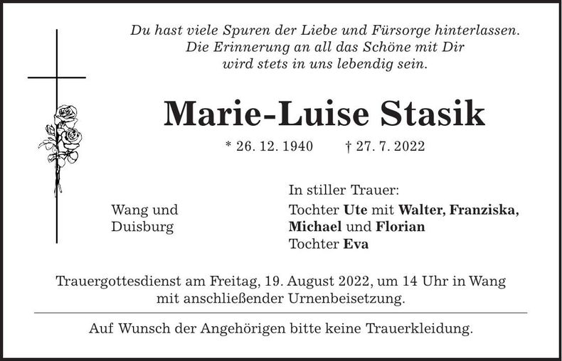 Traueranzeige Marie-Luise Stasik