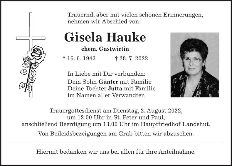 Traueranzeige Gisela Hauke