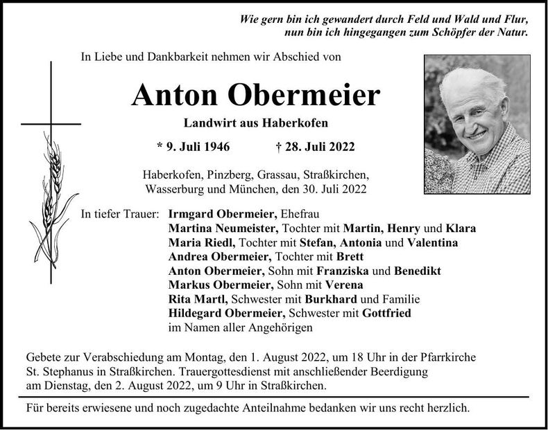 Traueranzeige Anton Obermeier