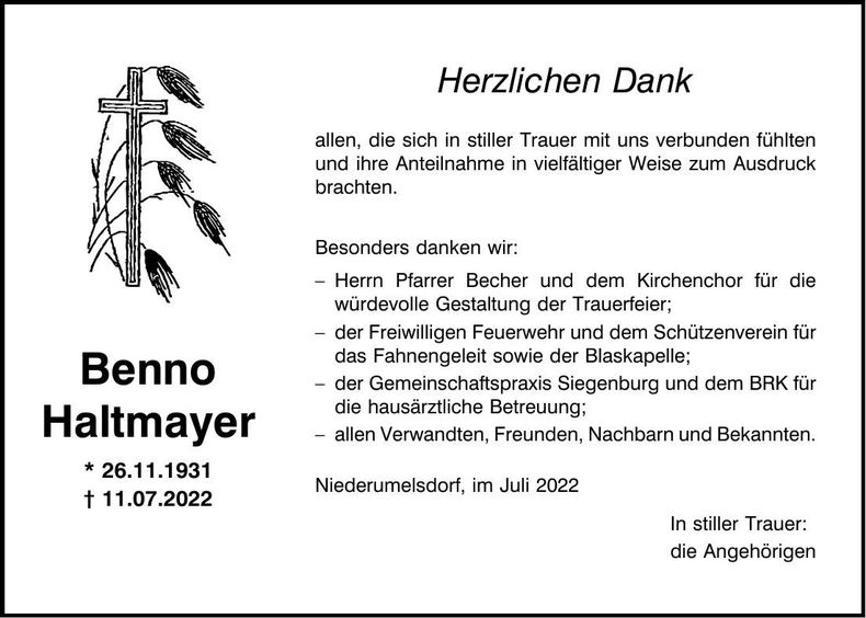 Traueranzeige Benno Haltmayer