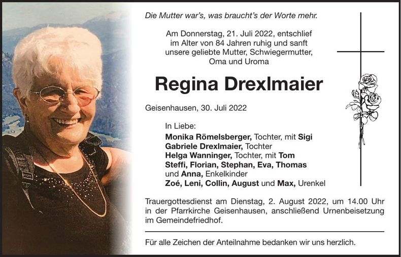 Traueranzeige Regina Drexlmaier