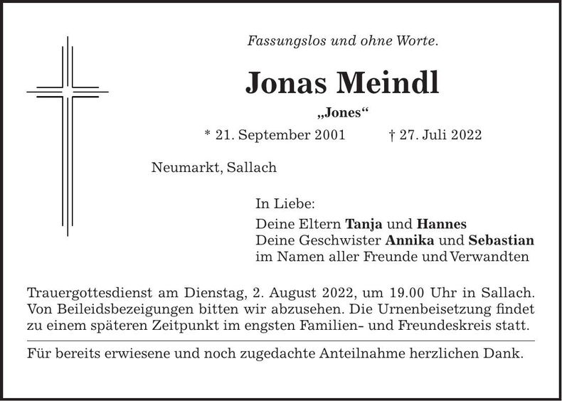 Traueranzeige Jonas Meindl