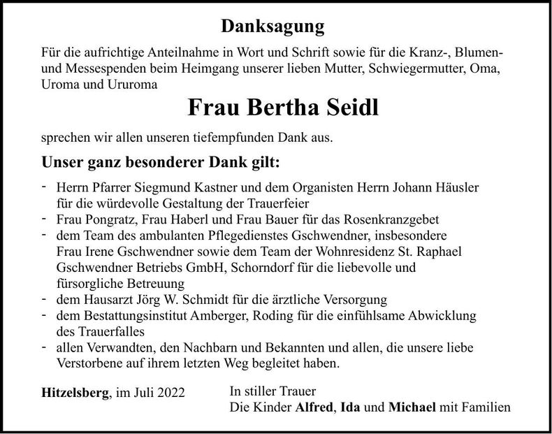 Traueranzeige Bertha Seidl