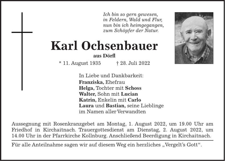 Traueranzeige Karl Ochsenbauer