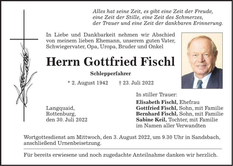Traueranzeige Gottfried Fischl
