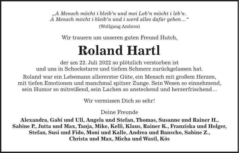Traueranzeige Roland Hartl