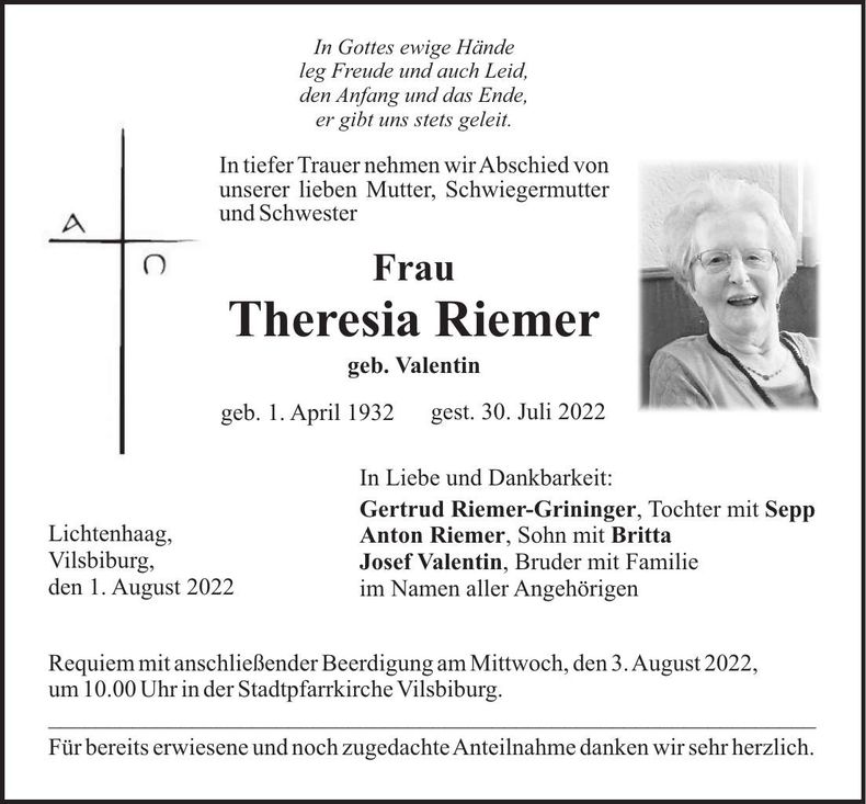 Traueranzeige Theresia Riemer