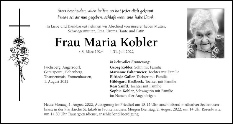Traueranzeige Maria Kobler