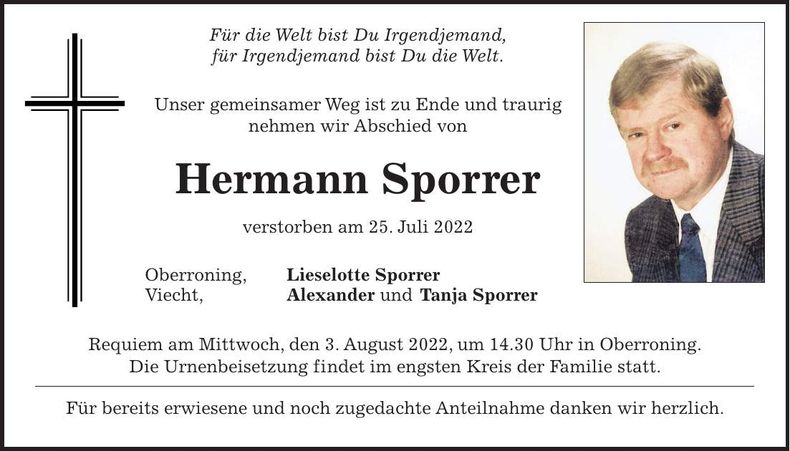 Traueranzeige Hermann Sporrer