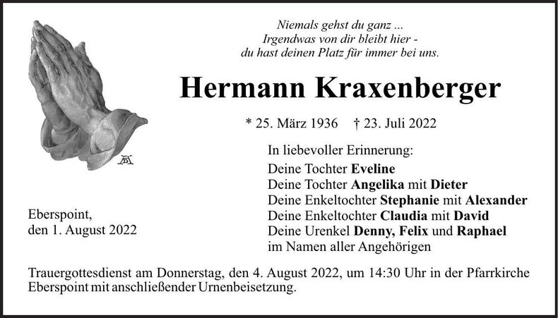 Traueranzeige Hermann Kraxenberger
