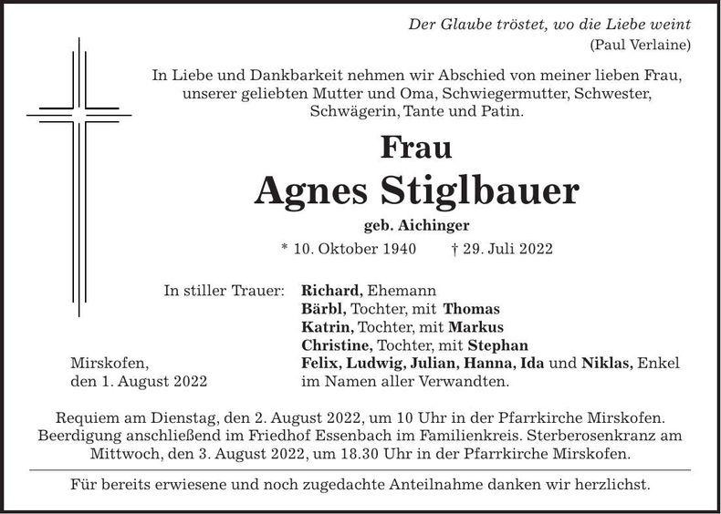 Traueranzeige Agnes Stiglbauer
