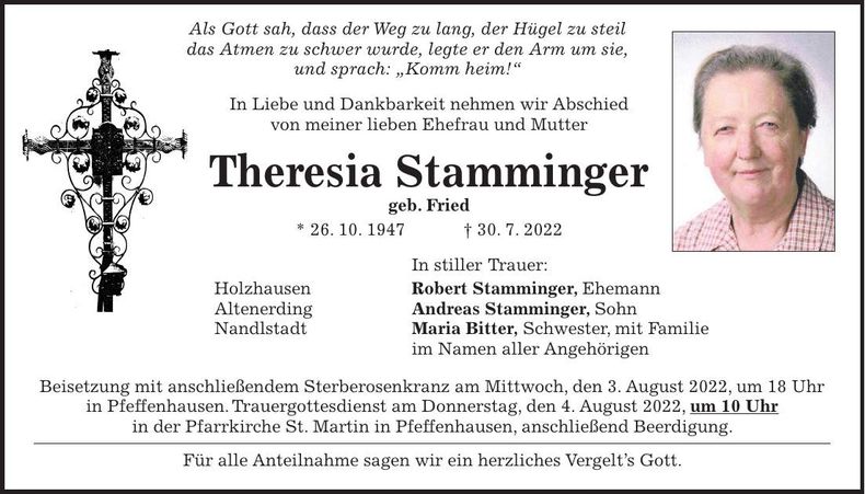 Traueranzeige Theresia Stamminger