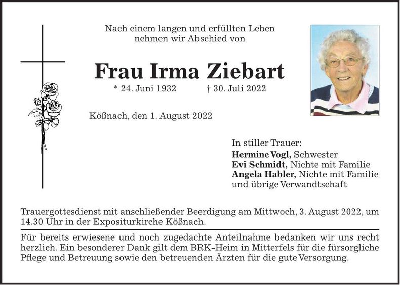 Traueranzeige Irma Ziebart