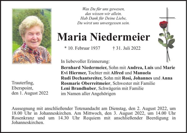 Traueranzeige Maria Niedermeier