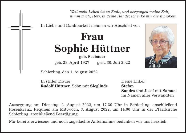 Traueranzeige Sopie Hüttner
