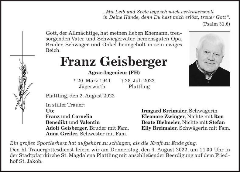 Traueranzeige Franz Geisberger