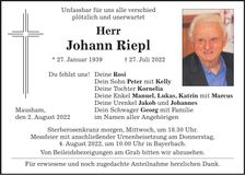 Traueranzeige Johann Riepl
