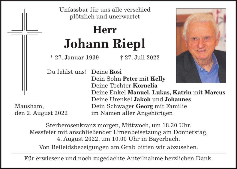Traueranzeige Johann Riepl