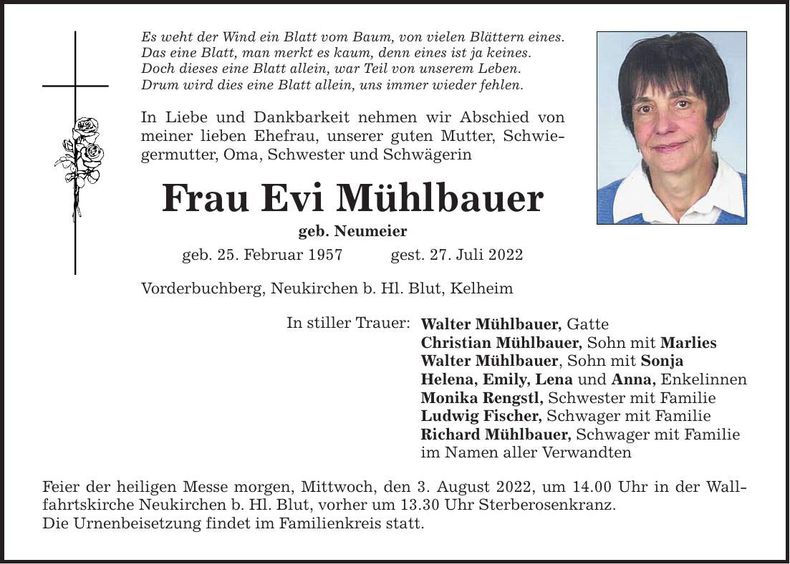 Traueranzeige Evi Mühlbauer