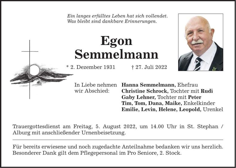 Traueranzeige Egon Semmelmann