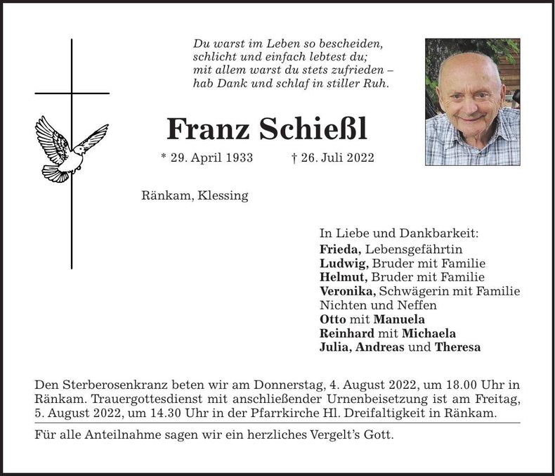 Traueranzeige Franz Schießl