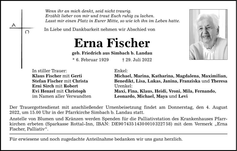 Traueranzeige Erna Fischer