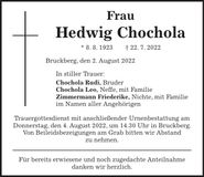 Traueranzeige Hedwig Chochola