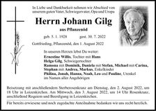 Traueranzeige Johann Gilg