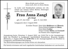 Traueranzeige Anna Zangl