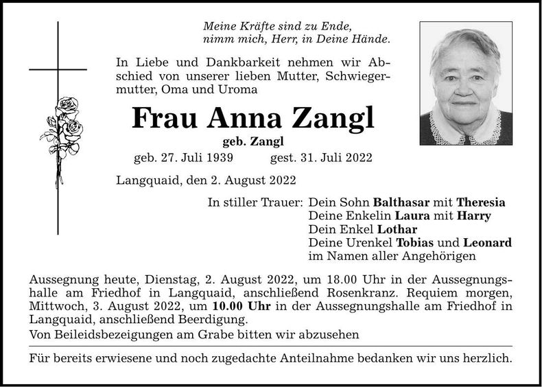 Traueranzeige Anna Zangl