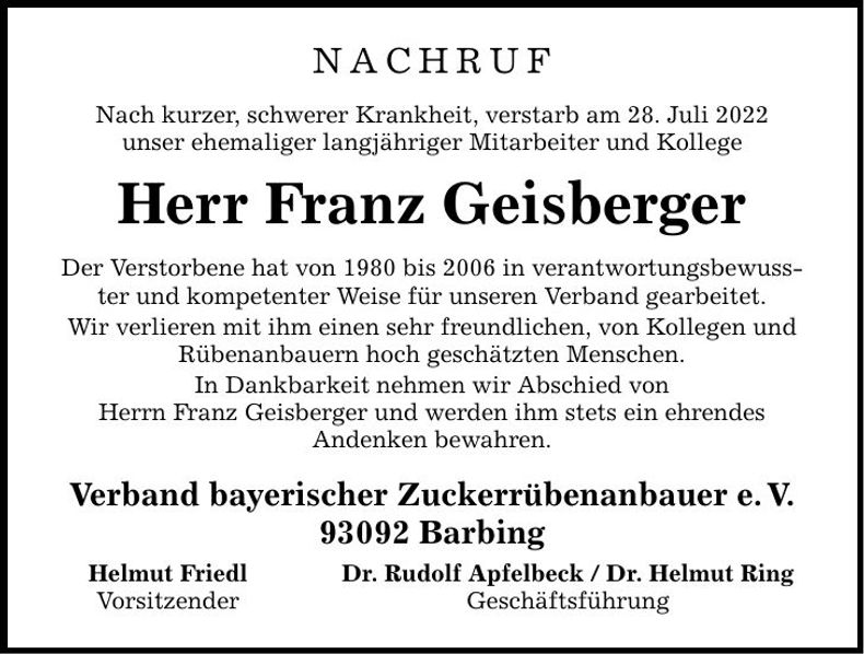 Traueranzeige Franz Geisberger