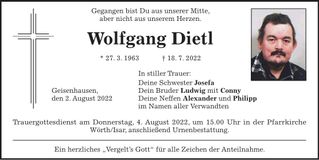 Traueranzeige Wolfgang Dietl